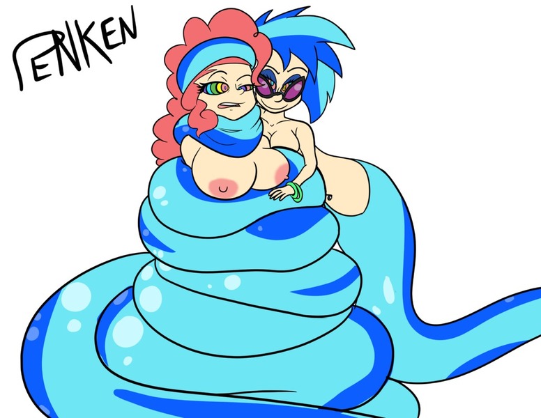 Size: 1035x800 | Tagged: artist:penkenarts, big breasts, blue hair, bottomless, breasts, busty pinkie pie, busty vinyl scratch, coils, derpibooru import, female, humanized, hypnosis, hypnotic, hypnotized, imminent vore, kaa eyes, lamia, long hair, nipples, nudity, original species, pinkie pie, questionable, short hair, snake, topless, vinyl scratch