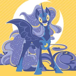 Size: 800x800 | Tagged: abstract background, artist:yousukou, crescent moon, derpibooru import, ethereal mane, flat colors, head tilt, limited palette, lineless, looking at you, moon, nightmare moon, open mouth, safe, smiling, solo, sparkles, spread wings, starry mane, wide eyes, yellow eyes