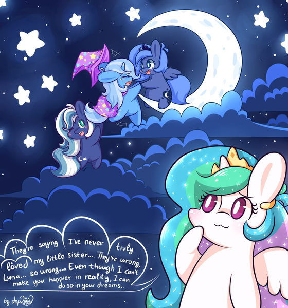 Size: 2048x2196 | Tagged: safe, artist:dsp2003, derpibooru import, princess celestia, princess luna, trixie, oc, alicorn, earth pony, pony, unicorn, :3, :3c, bipedal, chibi, cloud, cloudy, comic, crescent moon, cute, cutie mark, female, filly, hat, moon, night, s1 luna, style emulation, tangible heavenly object, transparent moon, woona