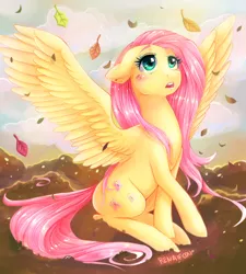 Size: 900x1000 | Tagged: safe, artist:renaifoxi, derpibooru import, fluttershy, pegasus, pony, cloud, falling leaves, floppy ears, leaves, sitting, sky, solo, spread wings