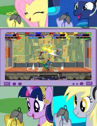 Size: 509x662 | Tagged: safe, derpibooru import, derpy hooves, fluttershy, princess luna, twilight sparkle, twilight sparkle (alicorn), alicorn, pony, gamer luna, exploitable meme, female, gamer, gamer derpy, gamer fluttershy, gamer meme, gamer twi, lethal league, mare, meme, obligatory pony, tv meme