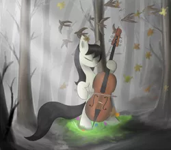 Size: 1500x1321 | Tagged: safe, artist:irigulus, derpibooru import, octavia melody, bird, pony, bipedal, cello, forest, gray, leaves, musical instrument, solo