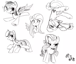 Size: 1077x899 | Tagged: safe, artist:30clock, derpibooru import, applejack, fluttershy, rainbow dash, rarity, twilight sparkle, twilight sparkle (alicorn), alicorn, pony, female, mare, monochrome, pixiv, sketch