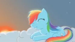 Size: 1600x900 | Tagged: safe, derpibooru import, rainbow dash, pegasus, pony, artifact, cloud, cloudy, eyes closed, grin, lying on a cloud, on a cloud, smiling, solo, stars, sunset