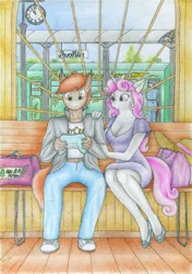 Size: 2456x3489 | Tagged: anthro, artist:sinaherib, button mash, cleavage, derpibooru import, female, male, older, safe, shipping, straight, sweetie belle, sweetiemash, traditional art