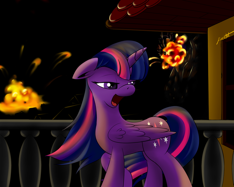 Size: 1280x1024 | Tagged: safe, artist:burnout42, derpibooru import, twilight sparkle, twilight sparkle (alicorn), alicorn, pony, dark, evil twilight, explosion, female, fire, mare, solo, twilight is anakin, tyrant sparkle, war