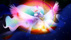 Size: 3500x2000 | Tagged: action pose, artist:thegrumpyturtle, derpibooru import, elements of harmony, princess celestia, raised hoof, safe, solo, spread wings