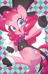 Size: 400x619 | Tagged: safe, artist:qpqp, derpibooru import, pinkie pie, pony, :d, bipedal, clothes, hat, smiling, solo, top hat, tuxedo, wink