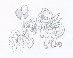 Size: 1024x815 | Tagged: safe, artist:cyanyeh, derpibooru import, fluttershy, pinkie pie, earth pony, pegasus, pony, balloon, floating, flying, grayscale, grin, looking at each other, monochrome, smiling, spread wings, then watch her balloons lift her up to the sky, traditional art, wings