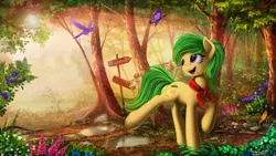Size: 2507x1410 | Tagged: safe, artist:yakovlev-vad, derpibooru import, oc, oc:duchess, unofficial characters only, bird, butterfly, pony, art, awww, clothes, commission, cute, cutie mark, cyrillic, detailed, digital art, female, flower, forest, green mane, happy, mare, ocbetes, puddle, rain, russian, scarf, scenery, scenery porn, sign, smiling, solo, tree