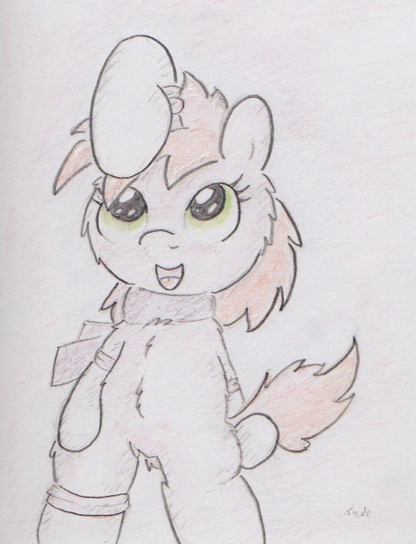 Size: 562x734 | Tagged: safe, artist:slightlyshade, derpibooru import, ruby pinch, pony, unicorn, blushing, clothes, filly, scarf, socks, solo, traditional art