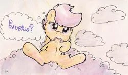 Size: 1145x679 | Tagged: artist:slightlyshade, brushie, cloud, cloudy, comb, cute, cutealoo, derpibooru import, fluffy, looking at you, mouth hold, on back, safe, scootaloo, smiling, solo, spread wings, thought bubble, traditional art, underhoof