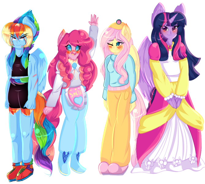 Size: 1165x1045 | Tagged: safe, artist:karsismf97, derpibooru import, fluttershy, pinkie pie, rainbow dash, twilight sparkle, twilight sparkle (alicorn), anthro, ambiguous facial structure, female, lesbian, pinkiedash, shipping, twishy