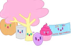 Size: 1600x1200 | Tagged: apple, applejack, artist:morganthecat2468, cupcake, :d, dendrification, derpibooru import, egg, egghead, fluttershy, fluttertree, mane six, marshmallow, object pony, open mouth, original species, pinkie pie, ponified, rainbow dash, rarity, rarity is a marshmallow, safe, simple background, skittles, smiling, transparent background, tree, twilight sparkle, wat
