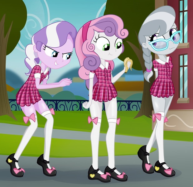 Size: 1280x1241 | Tagged: suggestive, artist:ohohokapi, deleted from derpibooru, derpibooru import, diamond tiara, silver spoon, sweetie belle, equestria girls, clothes, dress, explicit source, imminent molestation, mary janes, school, school uniform, schoolgirl, socks, thigh highs