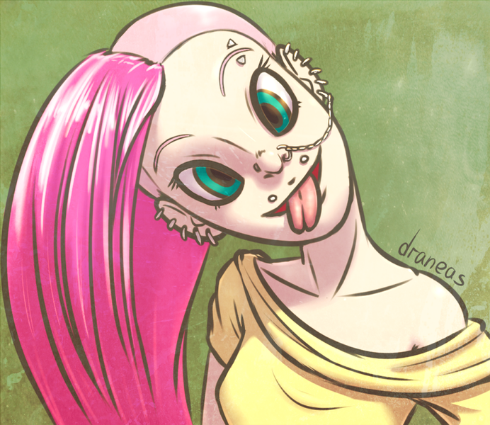 Size: 772x669 | Tagged: safe, artist:draneas, derpibooru import, fluttershy, human, alternate hairstyle, clothes, ear piercing, eyebrow piercing, forked tongue, humanized, looking at you, nose piercing, off shoulder, open mouth, piercing, smiling, snake bites, tongue out