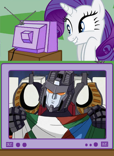 Size: 563x769 | Tagged: chamois of friendship, derpibooru import, exploitable meme, meme, obligatory pony, rarity, safe, starscream, tabitha st. germain, transformers, transformers armada, tv meme, voice actor joke