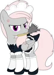 Size: 4870x6760 | Tagged: safe, artist:stillfire, derpibooru import, oc, oc:violet, unofficial characters only, pegasus, pony, absurd resolution, angry, clothes, cross-popping veins, duster, maid, mouth hold, shoes, simple background, solo, stockings, tail bow, transparent background