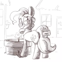 Size: 700x700 | Tagged: artist:goat train, boop, derpibooru import, fountain, glasses, kick me, looking back, mayor mare, monochrome, safe, sign, solo, water fountain
