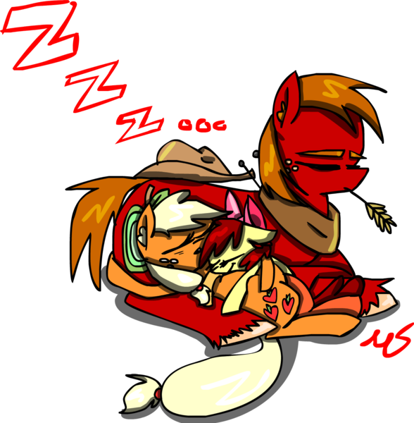 Size: 1320x1348 | Tagged: safe, artist:mushroomcookiebear, derpibooru import, apple bloom, applejack, big macintosh, earth pony, pony, adorabloom, applebetes, cuddling, cute, eyes closed, floppy ears, jackabetes, macabetes, male, on back, pony pile, prone, sleeping, smiling, snuggling, stallion, zzz