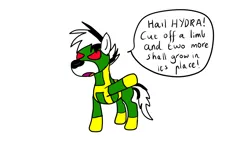 Size: 1200x800 | Tagged: safe, derpibooru import, oc, oc:zot, unofficial characters only, hydra, zebra, ask, clothes, costume, dialogue, hail hydra, male, open mouth, raised hoof, simple background, solo, stallion, tumblr, white background