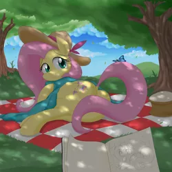 Size: 1700x1700 | Tagged: artist:janji009, blanket, blue eyes, book, butterfly, clothes, covering, derpibooru import, dock, eyelashes, fluttershy, grass, hat, looking at you, picnic, picnic blanket, pink mane, plot, safe, scarf, sketchbook, sky, solo, tail covering, tree