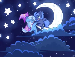 Size: 2048x1536 | Tagged: alternate version, artist:dsp2003, blushing, chibi, cloud, cloudy, crescent moon, crying, cute, derpibooru import, diabetes, diatrixes, eyes closed, filly, happy, hat, lunabetes, moon, night, night sky, open mouth, princess luna, s1 luna, safe, smiling, spread wings, stars, style emulation, tangible heavenly object, transparent moon, trixie, trixie's cape, trixie's hat, wallpaper, woona