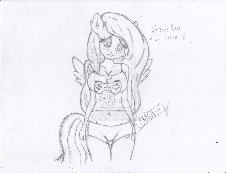 Size: 1024x786 | Tagged: dead source, suggestive, artist:comet0ne, derpibooru import, fluttershy, anthro, belly button, breasts, busty fluttershy, cleavage, deviantart watermark, dialogue, female, grayscale, looking at you, monochrome, obtrusive watermark, pencil drawing, question, signature, sketch, solo, traditional art, watermark