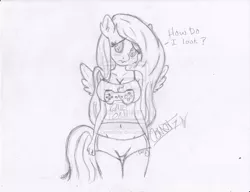 Size: 1024x786 | Tagged: anthro, artist:comet0ne, belly button, breasts, busty fluttershy, cleavage, dead source, derpibooru import, deviantart watermark, dialogue, female, fluttershy, grayscale, looking at you, monochrome, obtrusive watermark, pencil drawing, question, signature, sketch, solo, suggestive, traditional art, watermark