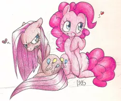 Size: 900x750 | Tagged: artist:kittykawaiix3, dead source, derpibooru import, deviantart watermark, duality, obtrusive watermark, pinkamena diane pie, pinkie pie, safe, self ponidox, sitting, solo, traditional art, watermark