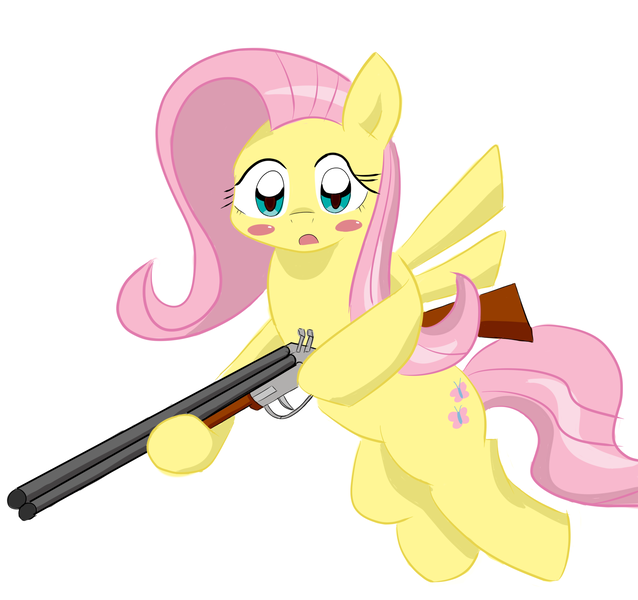 Size: 1760x1654 | Tagged: artist:timorikawa, derpibooru import, fluttershy, gun, pixiv, safe, shotgun, solo