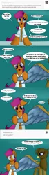 Size: 3600x12600 | Tagged: safe, artist:grennadder, derpibooru import, scootaloo, oc, gryphon, amputee, ask, augmented, clothes, lab coat, prosthetic limb, prosthetics, prosthetic wing, scientist, scientist scoots, tumblr