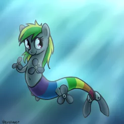 Size: 900x900 | Tagged: artist:versimer, belly button, derpibooru import, merpony, oc, oc:wheely bopper, original species, propeller, safe, smiling, solo, species swap, underwater, unofficial characters only, wheelpone