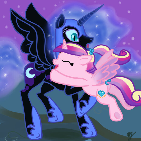 Size: 1000x1000 | Tagged: safe, artist:kuromi, derpibooru import, nightmare moon, princess cadance, alicorn, pony, glomp, hug, surprised, teen princess cadance