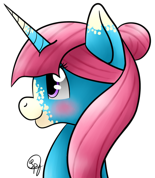 Size: 1024x1171 | Tagged: safe, artist:starshinefox, derpibooru import, oc, oc:strawberry snowflake, unofficial characters only, pony, unicorn, blushing, contest prize, portrait, solo