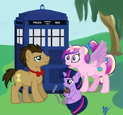 Size: 500x467 | Tagged: artist:kuromi, bowtie, derpibooru import, doctor who, doctor whooves, filly, princess cadance, safe, sonic screwdriver, tardis, teen princess cadance, time turner, twilight sparkle, younger