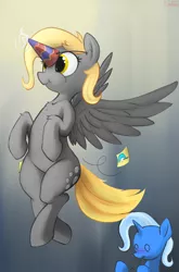 Size: 2000x3022 | Tagged: safe, artist:dimfann, derpibooru import, derpy hooves, trixie, alicorn, pony, cosplay, derpicorn, hat, in-universe cosplay, party hat, race swap, spread wings