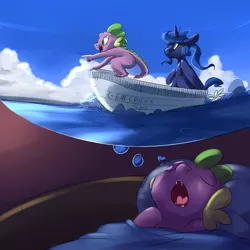 Size: 1280x1280 | Tagged: artist:imsokyo, boat, daily life of spike, daily sleeping spike, derpibooru import, dream, dream walker luna, princess luna, safe, sleeping, spike, tumblr