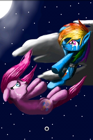 Size: 320x480 | Tagged: safe, artist:katie1234585, derpibooru import, pinkie pie, rainbow dash, cloud, crying, falling, female, lesbian, moon, night, night sky, open mouth, pinkamena diane pie, pinkiedash, rainbond dash, shipping, stars, this will end in death, tied up, underhoof