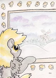 Size: 722x998 | Tagged: safe, artist:slightlyshade, derpibooru import, derpy hooves, pegasus, pony, evergreen tree, fluffy, muffin, snow, solo, traditional art, windmill, winter