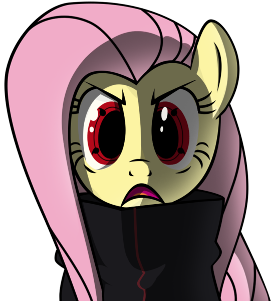 Size: 757x839 | Tagged: artist:ladyb0ner, badass, crossover, derpibooru import, flutterbadass, fluttershy, naruto, safe, sharingan, solo, the stare