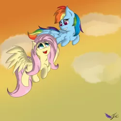 Size: 1181x1181 | Tagged: safe, artist:fluttair, derpibooru import, fluttershy, rainbow dash, chest fluff, ear fluff, female, flutterdash, flying, lesbian, looking at each other, shipping, smiling