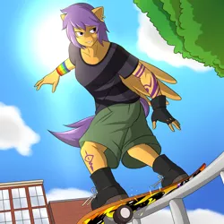 Size: 1280x1280 | Tagged: anthro, artist:marik azemus34, derpibooru import, grinding, rail grinding, safe, scootaloo, skateboard, skateboarding, solo, tattoo