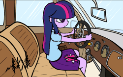 Size: 1100x690 | Tagged: safe, artist:lightningnickel, derpibooru import, twilight sparkle, equestria girls, animated, car, car interior, commission, cute, push it, solo, tatra, tatra t77, the clutch, the clutch twi, twilight being an angry driver