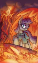 Size: 693x1153 | Tagged: safe, artist:cazra, derpibooru import, maud pie, earth pony, pony, hot, lava, lava surfing, magma, rock, solo, surfing, volcano