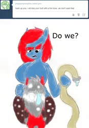 Size: 498x715 | Tagged: artist:thecherrysodaaskblog, breasts, derpibooru import, fire hose, looking down, oc, oc:cherry soda, pepsi pony, size difference, suggestive, tumblr, tumblr:thecherrysodaaskblog, unofficial characters only, worried