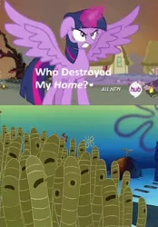 Size: 529x762 | Tagged: safe, derpibooru import, twilight sparkle, twilight sparkle (alicorn), alicorn, pony, exploitable meme, female, home sweet pineapple, hub logo, mare, meme, nematode, spongebob squarepants, who destroyed twilight's home