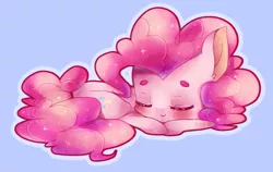 Size: 812x512 | Tagged: artist:siukii, beanbrows, blue background, blushing, cute, dead source, derpibooru import, diapinkes, ear fluff, eyebrows, eyes closed, pinkie pie, safe, simple background, sleeping, solo, sparkles