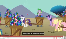 Size: 852x510 | Tagged: a dog and pony show, cart, derpibooru import, fluttershy, gem, harness, meme, north korea, rarity, safe, screencap, spike, tack, twilight sparkle, youtube, youtube caption