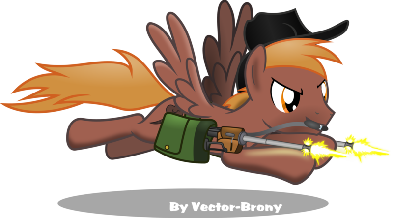 Size: 1202x665 | Tagged: safe, artist:vector-brony, derpibooru import, oc, oc:calamity, unofficial characters only, pegasus, pony, fallout equestria, fanfic, battle saddle, brand, branding, fallout, fanfic art, gun, hat, male, rifle, saddle bag, shooting, simple background, solo, stallion, transparent background, weapon, wings